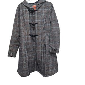 ModCloth XL Plaid Wool Blend Hooded Duffle Coat Toggle Academia
